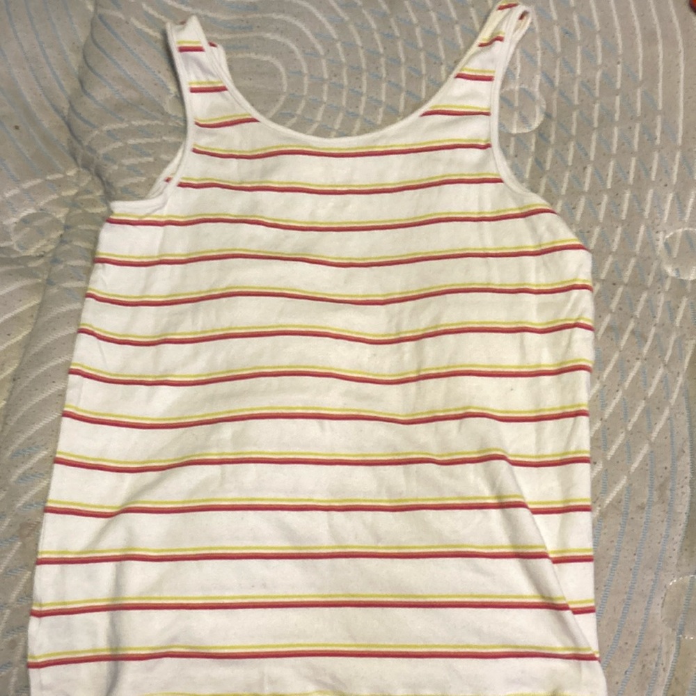 Yellow orange and pink striped white tank top